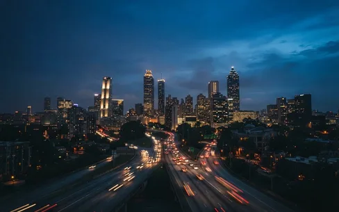 Atlanta skyline and freeways at dusk