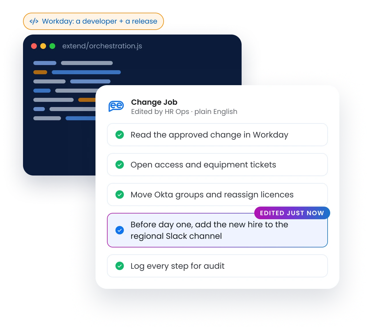 In Workday, changing the Change Job process means a developer editing extend/orchestration.js and shipping a release. In Leena AI, HR Ops edits the Change Job steps in plain English.