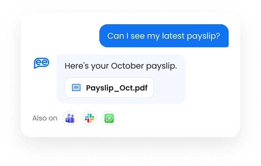 An employee asks Leena AI for their latest payslip and gets the October payslip PDF; also available on Microsoft Teams, Slack and WhatsApp.
